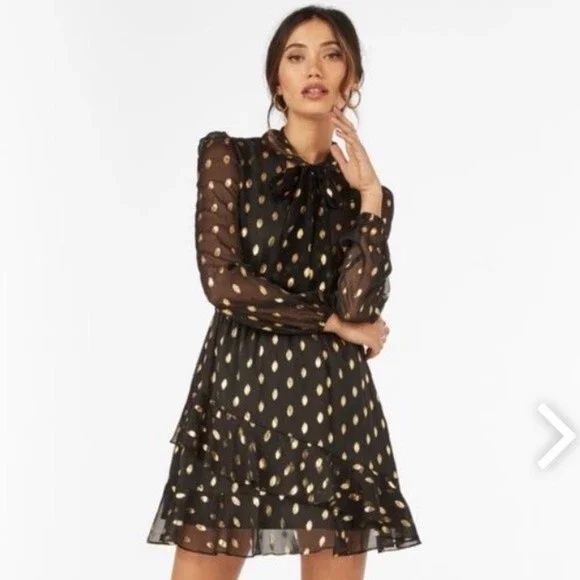 Idem Ditto Chiffon Ruffle Black Gold Dress  L NWT - Picture 3 of 16